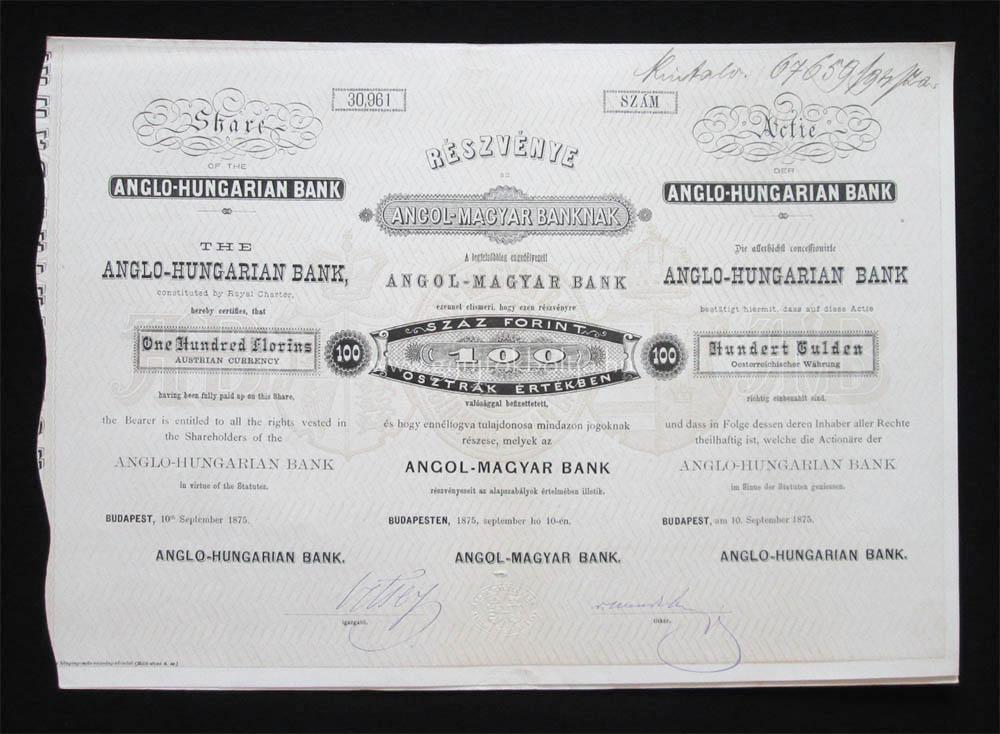 Angol-Magyar Bank rszvny 100 forint 1875